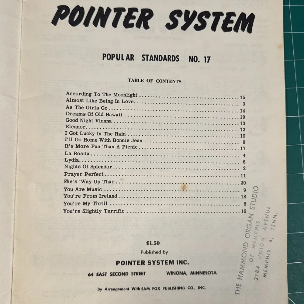 Pop Standards for the Pointer System 17 for Hammond Organ 18‎ Songs Music VTG
